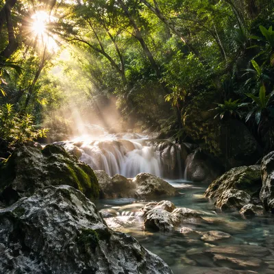 Tropical Jungle Waterfall in Morning Mist