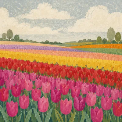 Spring Tulip Rows Across Dutch Countryside