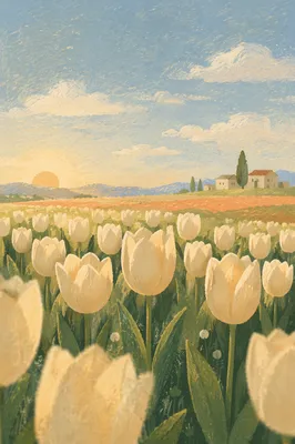 Golden Hour White Tulip Field in Netherlands