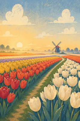 Sunrise Tulip Rows in Dutch Countryside