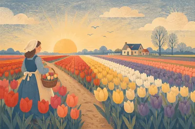 Sunrise Tulip Rows in Dutch Countryside