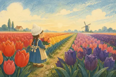 Colorful Tulip Rows at Dutch Dawn