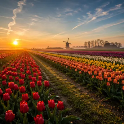 Sunrise Tulip Field Rows in Dutch Countryside