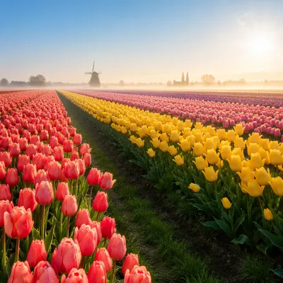 Morning Tulip Rows in Dutch Countryside