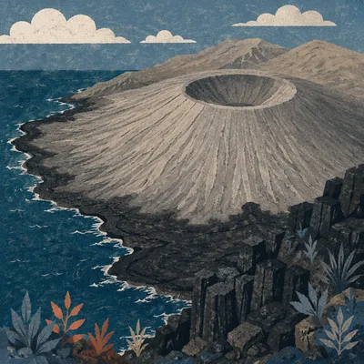 Remote Black Lava Coast and Ash Crater
