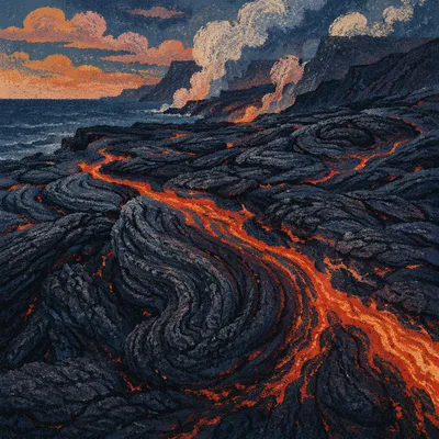 Glowing Black Lava on Volcanic Coast