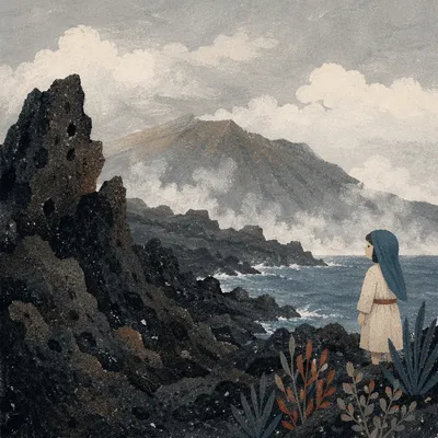 Rugged Black Lava Coast in Mist