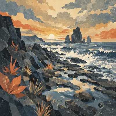 Jagged Black Lava Coast at Sunrise