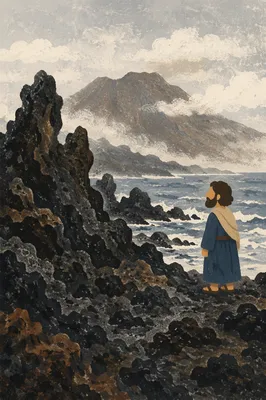 Rugged Black Lava Coast in Sea Fog