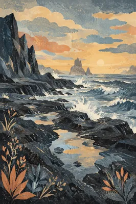 Volcanic Black Lava Coast at Sunrise