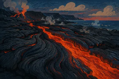Glowing Black Lava on Volcanic Coast