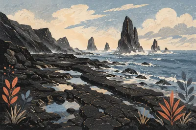 Volcanic Black Lava Coast at Dawn