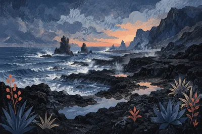Blue Hour Black Lava Coast Landscape
