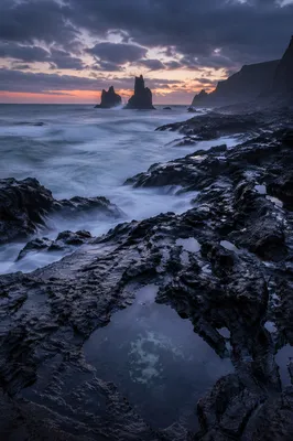 Moody Black Lava Coast at Blue Hour