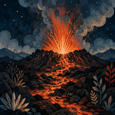 Dramatic Night Volcano Eruption With Rising Smoke
