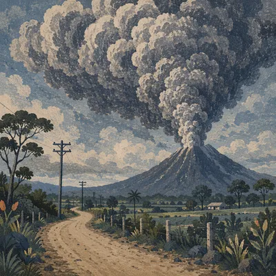 Dramatic Volcano Ash Plume Over Farmland