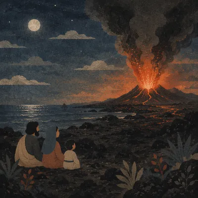 Dramatic Volcanic Eruption on Moonlit Coast