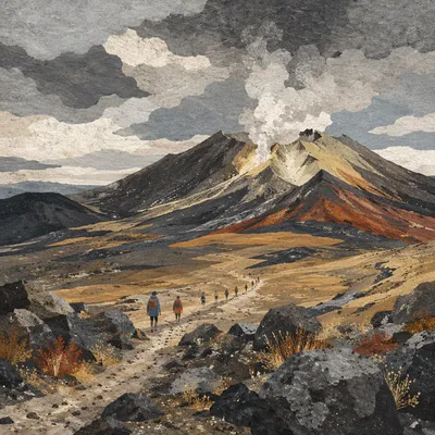 Dramatic Volcano Valley with Rising Smoke