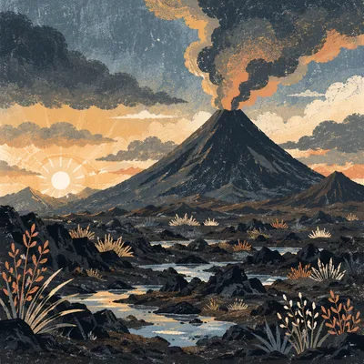Dramatic Volcano at Dawn with Rising Smoke