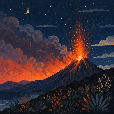 Dramatic Night Volcano With Rising Smoke