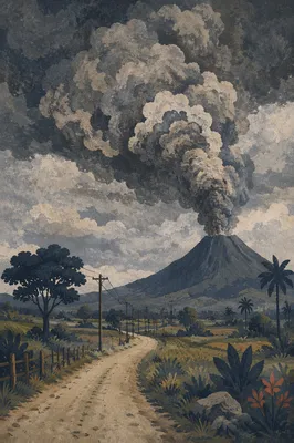 Dramatic Volcano Ash Plume Over Farmland