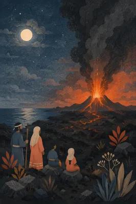 Dramatic Night Volcano Eruption Coastline