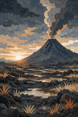 Dramatic Volcano Smoke at Dawn Landscape