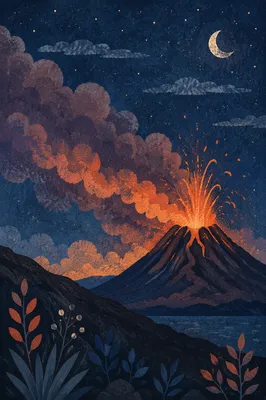 Dramatic Night Volcano With Rising Smoke