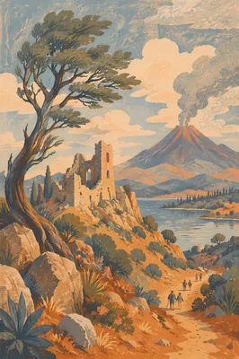 Dramatic Volcano Valley with Rising Smoke