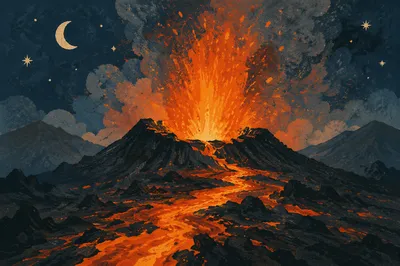 Dramatic Night Volcano Eruption with Rising Smoke