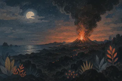 Dramatic Volcano Eruption on Moonlit Coastline