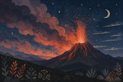 Dramatic Night Volcano With Rising Smoke