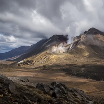 Dramatic Volcanic Valley With Rising Smoke