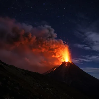 Dramatic Night Volcano With Rising Smoke