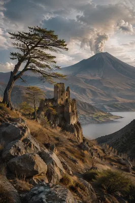 Dramatic Volcano Valley with Rising Smoke
