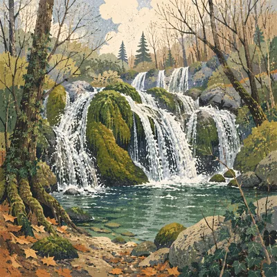 Emerald Forest Waterfall Over Mossy Limestone