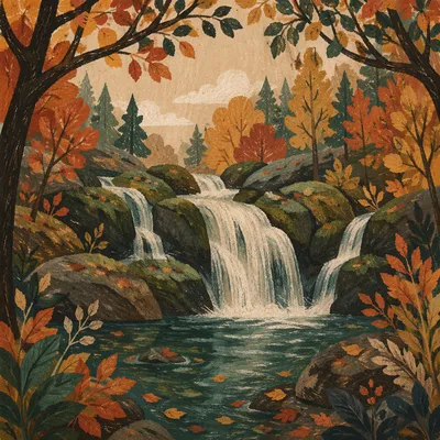 Emerald Forest Waterfall in Autumn Woodland