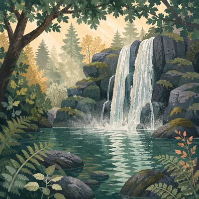 Emerald Forest Waterfall at Morning Mist