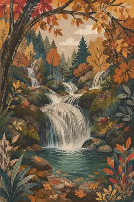 Emerald Forest Waterfall in Autumn Woodland