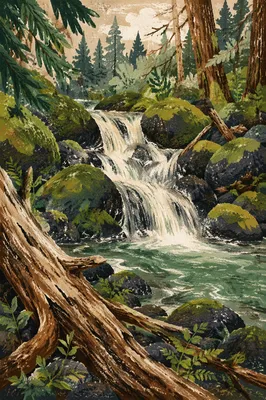 Emerald Forest Waterfall Over Mossy Rocks