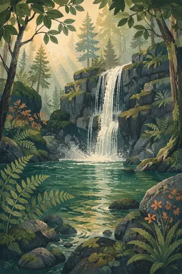 Emerald Forest Waterfall at Morning Mist