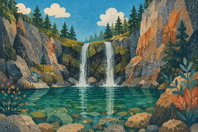 Emerald Forest Waterfall with Mossy Canyon Cliffs