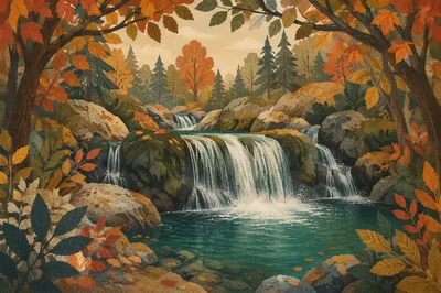Emerald Forest Waterfall in Autumn Woodland
