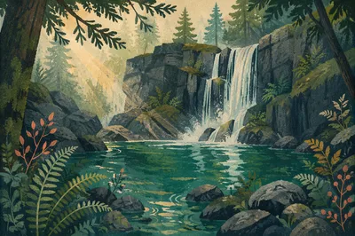 Emerald Forest Waterfall at Morning Mist