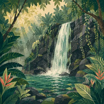 Secluded Tropical Waterfall in Lush Jungle