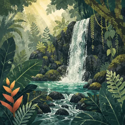 Hidden Tropical Jungle Waterfall at Dawn