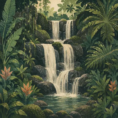 Secluded Tropical Jungle Waterfall in Lush Greenery