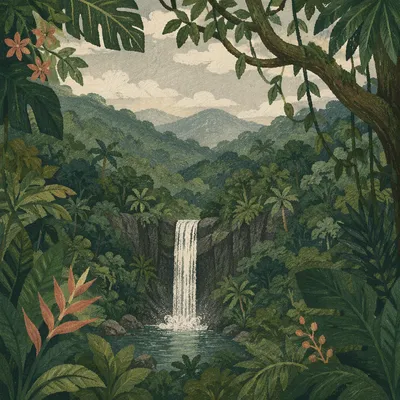 Secluded Tropical Waterfall in Lush Jungle