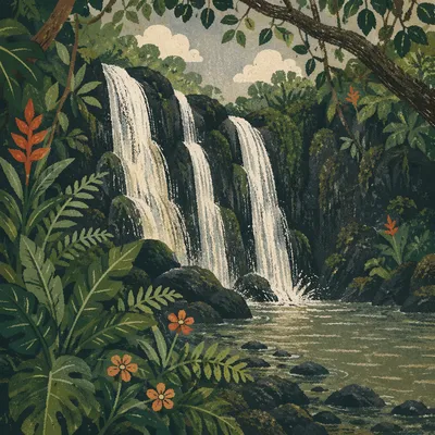 Lush Tropical Jungle Waterfall Scene