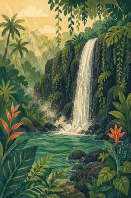 Secluded Tropical Jungle Waterfall at Dawn